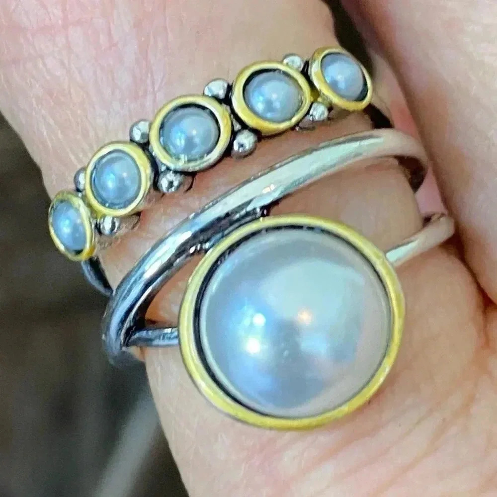 Size 7 Pretty Gold & Silver Tone Pearl Ring NEW
